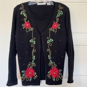 Victoria Jones Vtg Women's Black Holiday Poinsettia Beaded Sweater S Layer-Look